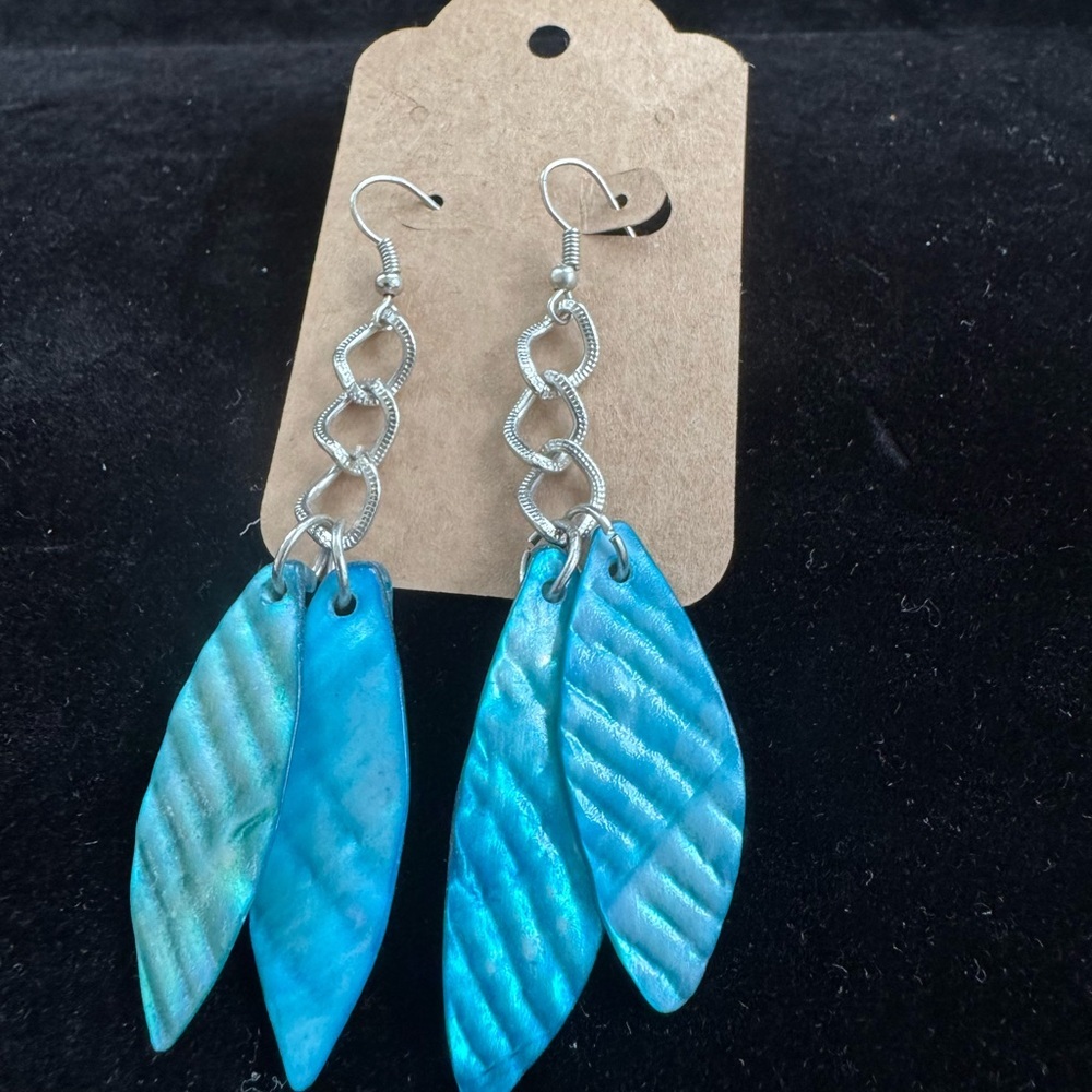 Handmade Turquoise and Silver Iridescent Shell Chain Coastal Leaf Print Earrings